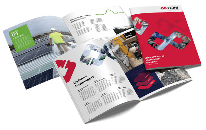 Three open brochures displaying information on <a href=