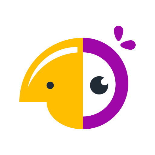 A stylized, circular bird icon featuring a yellow and purple split face, a single eye, and three purple teardrop shapes above its head—a perfect symbol for AI prompts.
