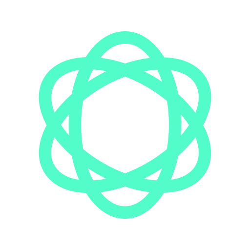 A teal geometric logo with intertwined loops, forming an octagonal shape, inspired by AI prompts.