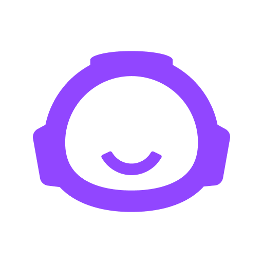 A purple, stylized circular icon featuring a simplified depiction of a smiling face with a headset, perfect for AI prompts.