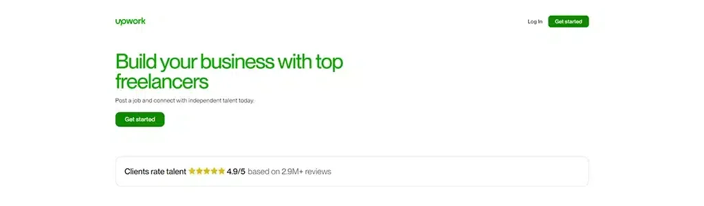 The Upwork website landing page showcases the tagline "Build your business with top freelancers" and proudly boasts a clients' rating of 4.9 out of 5 stars based on over 2.5M+ reviews, thanks to a recent website makeover.